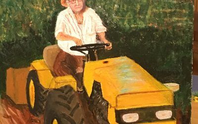 Autorretrato en tractor, pintado con lupa